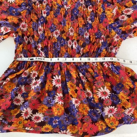 Vero Moda Multicolor Floral Peplum Smocked Top Ruffle Tie Sleeve Keyhole Back - Picture 14 of 15